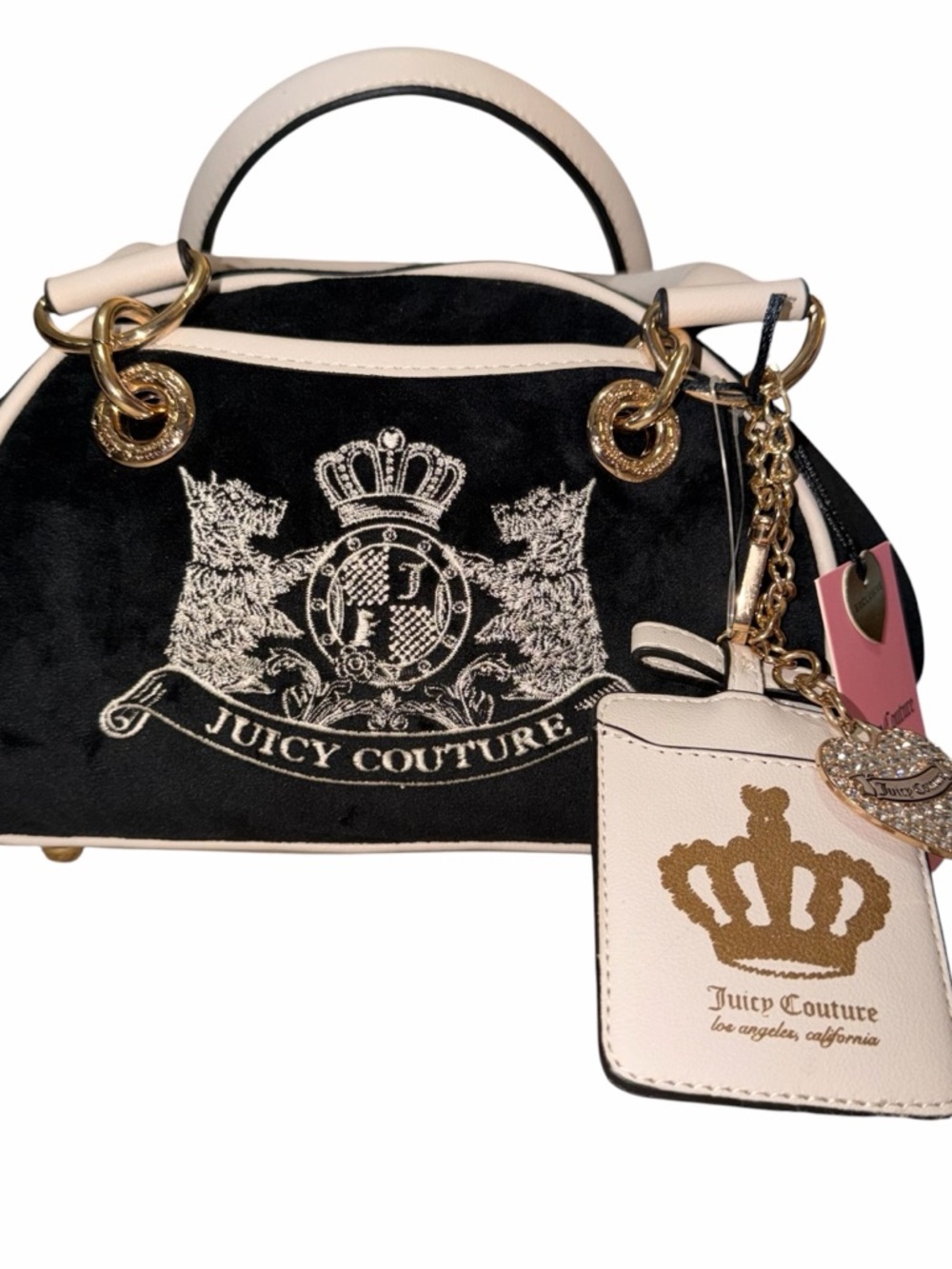 Juicy Couture Black Velvet Dome Satchel with Cream Trim - Picture 2 of 11